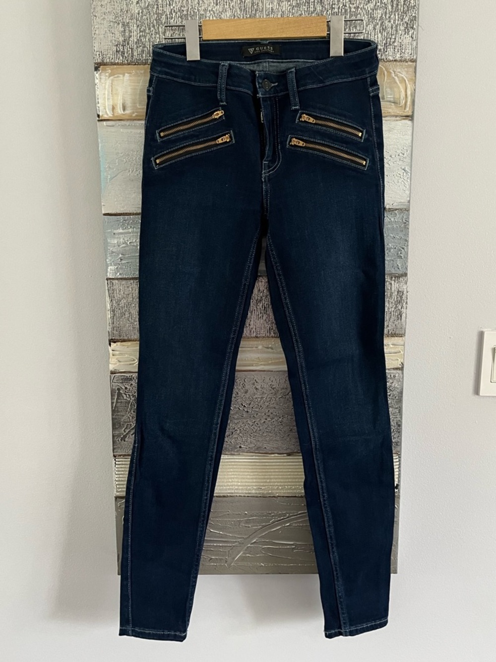 Guess Dark Blue Skinny Jeans with Gold Zipper Accents